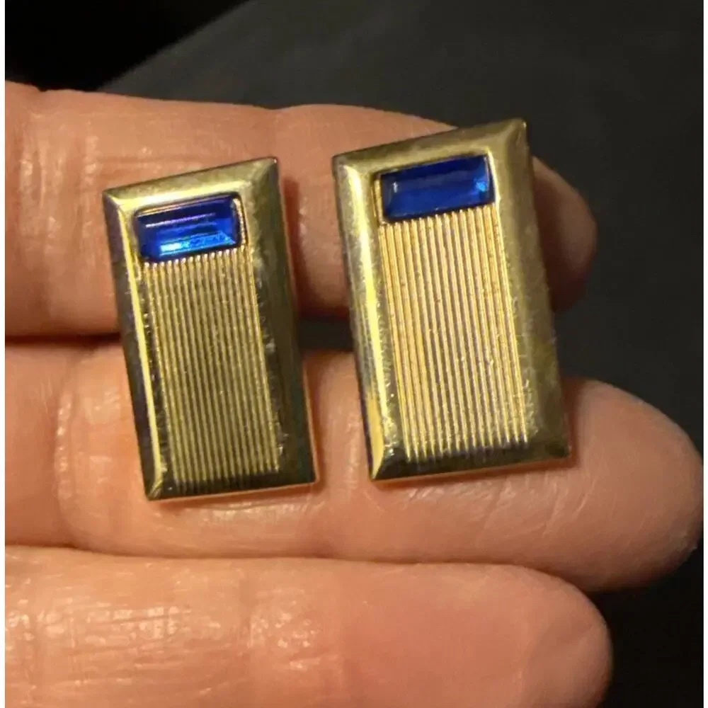 Art Deco Style Cufflinks Marked Anson Rectangle Gold Tone W/ Cobalt Blue 1960's